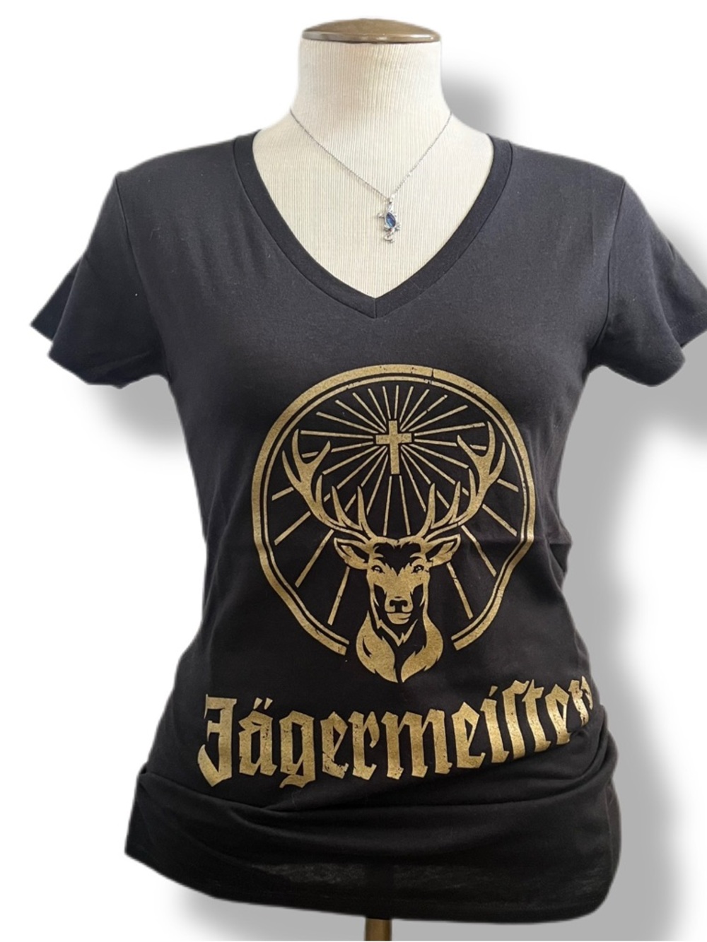 NWOT Official Jagermeister Stag V-Neck T Shirt Gold Foil Print Women's MEDIUM